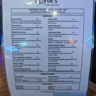 Appetizer &amp; Happy Hour menu.