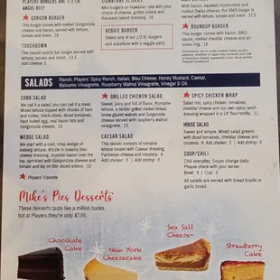 a menu for a variety of desserts
