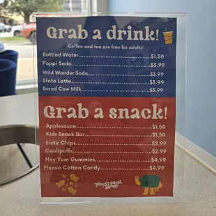 Drink and snack price list