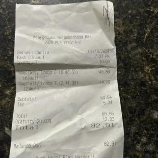 a receipt for a restaurant