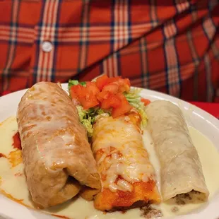 burrito, beef enchilada, and tamale combo