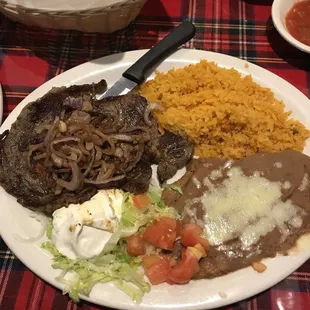 Carne asada with rice and beans. The homemade salsa was fabulous.