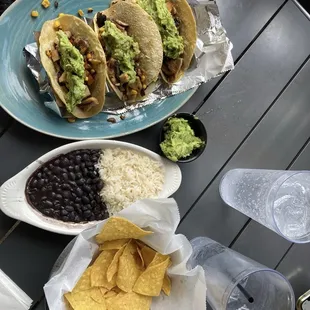 Vegan tacos, beans, and rice
