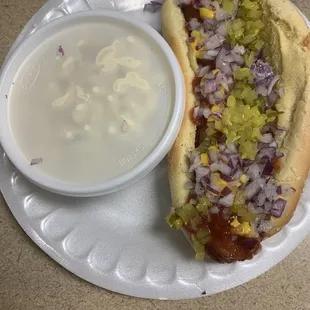 a hot dog and a bowl of soup