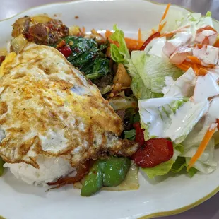 Freeman Special: Marinated Chicken and Beef, Sliced Cabbage, Bell Peppers, Onions over rice and topped with a fried egg.  Side Garden Salad.