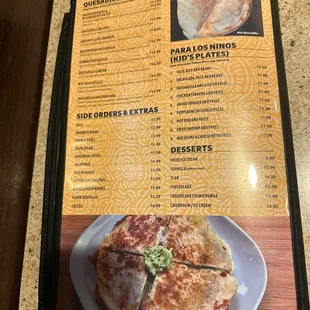Quesadilla,sides,kids menu and desserts