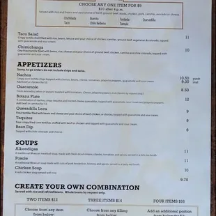 The first page of the menu lists lunch, appetizers, soups and combinations.