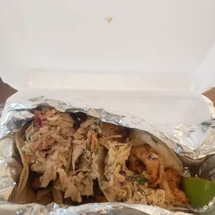 All shrimp tacos with slaw