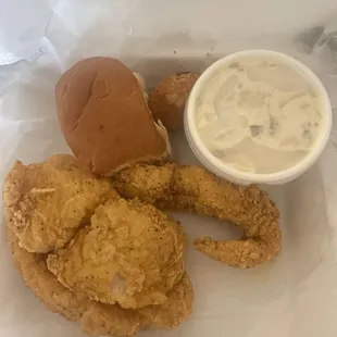 Lunch Special: 2 pieces of cat fish and 1 piece of a fish I don&apos;t know + potato salad