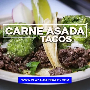 a plate of carne asada tacos