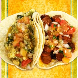 two tacos on a colorful background