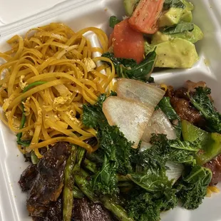 Noodle, super veggies, beef and broccoli (delicious), avocado tomato salad, chicken