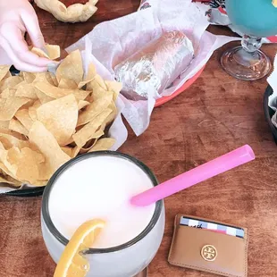 Pina colada Margarita and #14. Chicken Burrito with Chips and Salsa