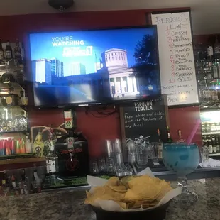 Blue Raspberry Margarita With Chips And Guacamole