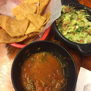 Homemade tortilla chips salsa and guacamole