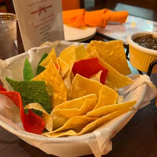 a bowl of chips and salsa