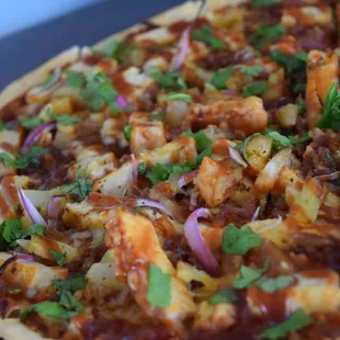 a close up view of a pizza