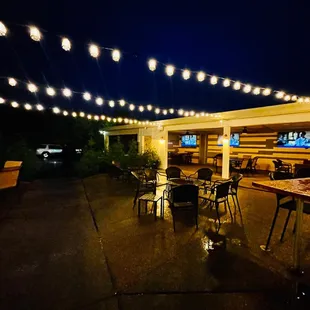 outdoor seating and string lights