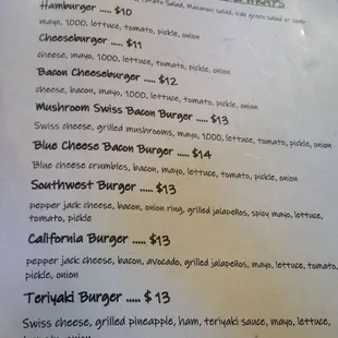Burger, sandwiches, and wraps menu