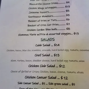 Appetizer and salad menu