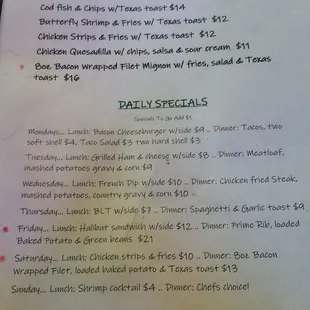 Entrees and Daily lunch and dinner specials