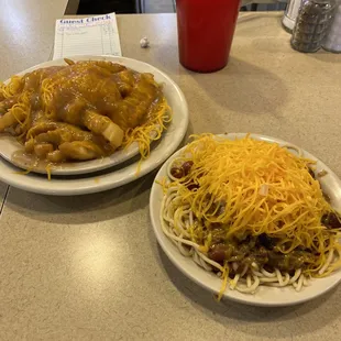 Fries w gravy and cheese (left), and Chili 5-ways (right)
