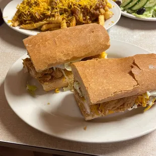 Chicken PO boy and chili cheese fries