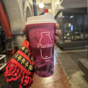 dragon fruit tea with boba and lychee jelly