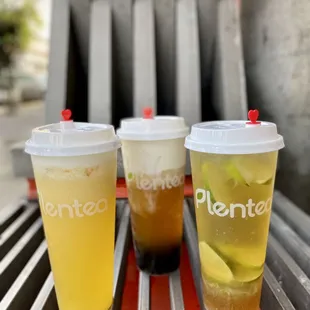 pineapple tea, sea salt crema green tea, and honey lime green tea...
