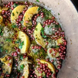 a pot filled with food