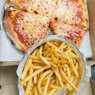 Cheese pizza and Fries