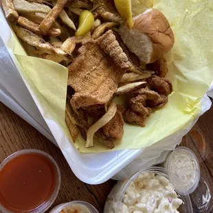 Whiting fish and shrimp, fries, Mac salad