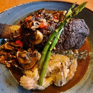 a plate of food with asparagus and mushrooms