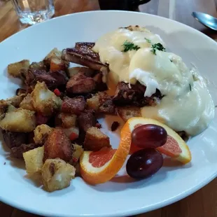 Prescot Tomahawk benedict pork chop, poached eggs, english muffin with Hollandaise.