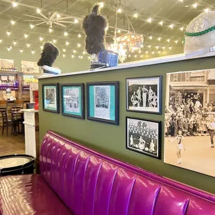 a purple bench in a restaurant