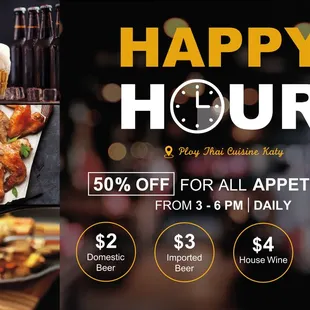 Happy Hour 3-6 PM daily | 50% off all appetizers | $2 Domestic Beer | $3 Imported Beer | $4 House Wine | $5 Sake