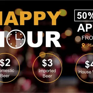 Happy Hour 3-6 PM daily | 50% off all appetizers | $2 Domestic Beer | $3 Imported Beer | $4 House Wine | $5 Sake