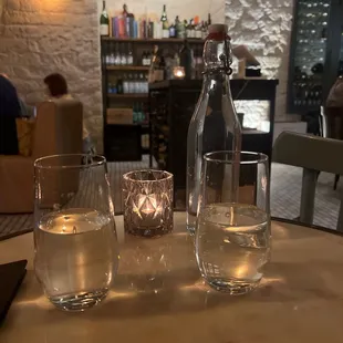 two glasses of water on a table