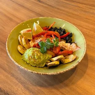 Quinoa and avocado bowl with baked plantains