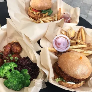 General Tso Cauliflower, Red Lentil Dill Burger, and Buffalo Portobello burger...so good!