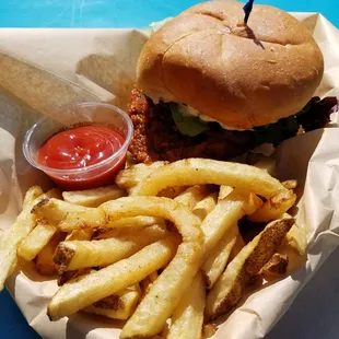 Buffalo Portobello Burger w/fries. Pretty delicious!