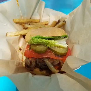 &quot;American Guy&quot;...field roast patty,  lettuce tomato,  pickles,  caramelized onions, vegan cheese w/ fries.