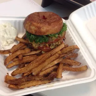 Red Lentil burger and fries