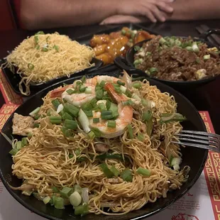 Noddles, beef fried rice &amp; orange chicken.