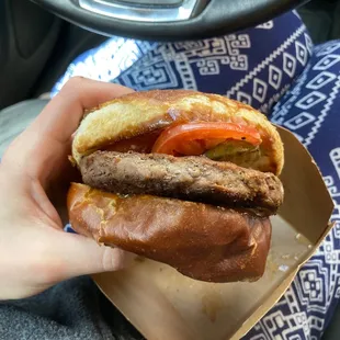 Burger on pretzel bun $5