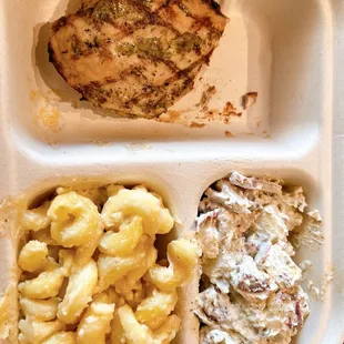 Rosemary chicken, red potato salad and macaroni &amp; cheese.
