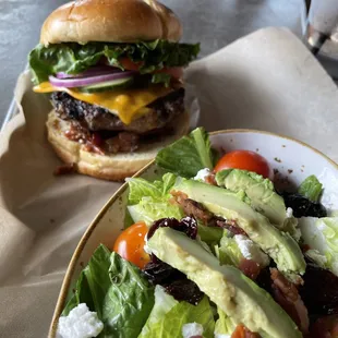 Burger and side salad
