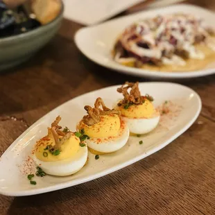 Plum Deviled Eggs. Dairy free without the crispy fried shallots.