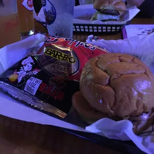 Mikes deluxe burger with Grippo's chips and a Blue Moon.