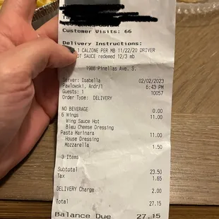 a receipt for a delivery order